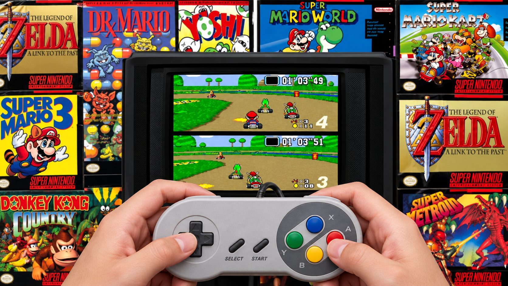 Controle de Super Nintendo diante de uma partida de Mario Kart e capas de jogos clássicos